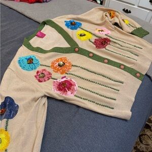 QUEEN OF SPARKLES Floral Embellished Cardigan - Cream, Green, Pink, Blue, Orange